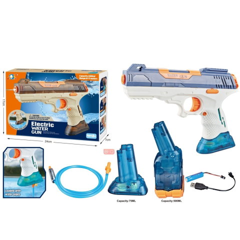 Best deals - Pistol cu Apa Electric, Flippy, 2 Rezervoare 75/350 ml, din ABS+Silicon, Baterie, Incarcare USB, Conectare la Furtun, +6 Ani, Albastru