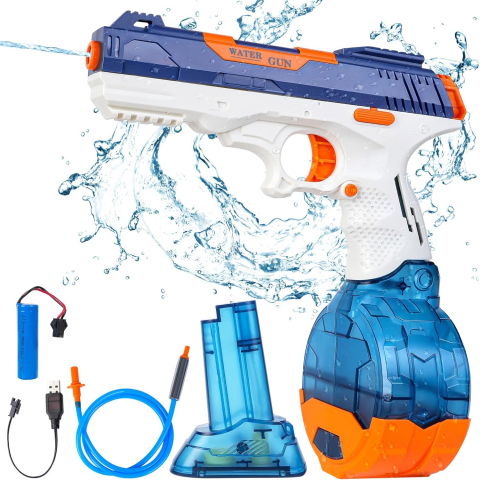 Pistoale cu apa - Pistol cu Apa Electric, Flippy, 2 Rezervoare 75/350 ml, din ABS+Silicon, Baterie, Incarcare USB, Conectare la Furtun, +6 Ani, Albastru