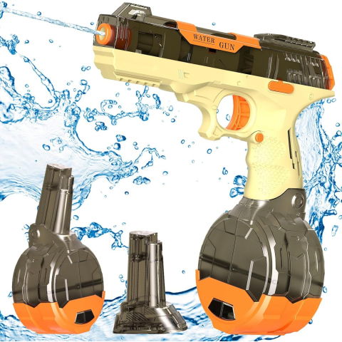 Pistoale cu apa - Pistol cu Apa Electric, Flippy, 2 Rezervoare 75/350 ml, din ABS+Silicon, Baterie, Incarcare USB, Conectare la Furtun, +6 Ani, Maro