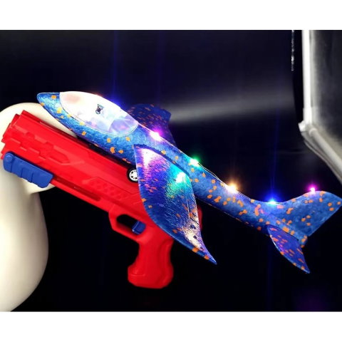 Best deals - Pistol cu Lansator de Avion, Flippy, din Polistiren+Plastic, +3 Ani, Avion 38 cm, Lansare 10 m, cu Lumini si Roti, Rosu/Albastru