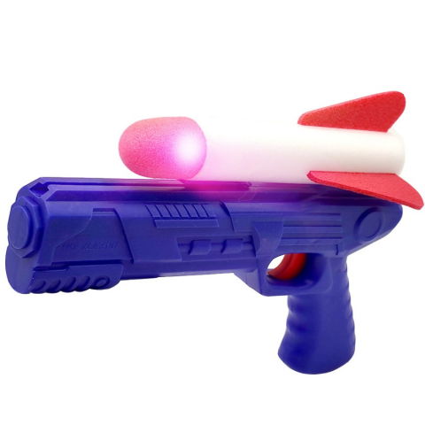 10 - 25 LEI - Pistol de Jucarie, Flippy, cu Lansator de Racheta, din Polistiren/Plastic, Lumina LED, +3 Ani, Albastru/Rosu