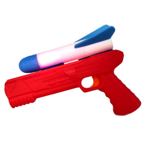 Jucarii si Jocuri - Pistol de Jucarie, Flippy, cu Lansator de Racheta, din Polistiren/Plastic, Lumina LED, +3 Ani, Rosu/Albastru