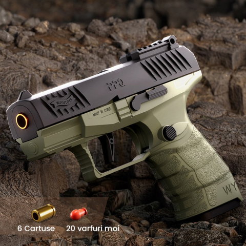 TeoMarket - Pistol de jucarie GX4 cu Ejectie, Flippy, de Explozie de buzunar, Makara BLOWBACK, Gloante Moi pentru Copii, 15 x 13 x 3.5 cm, Negru Verde deschis