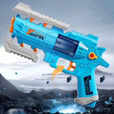 TeoMarket - Pistol Manual cu Apa, Flippy, Jucarie Pistol cu Apa Sigur Pentru Copii, Design Nou S-Shooter Atractiv, 23 x 14.5 cm, Albastru
