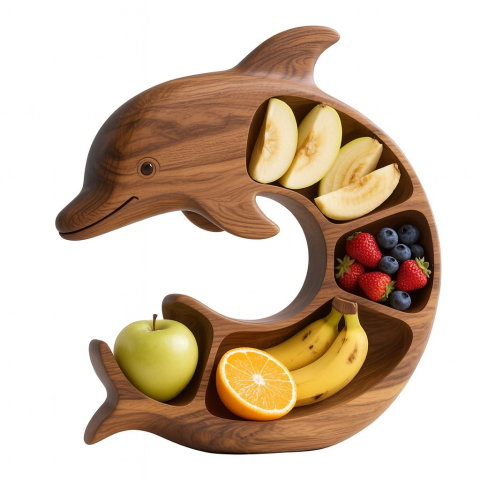 Import - Platou pentru Servire, Flippy, in Forma de Delfin, 4 Compartimente pentru Mezeluri, Branzeturi, Snacksuri, Fructe, Design Artistic, din Lemn Masiv, 26 x 25 x 4 cm, Maro Natur