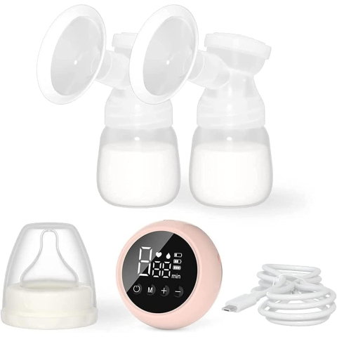 TeoMarket - Pompa de San Electrica 2 in 1, Flippy, cu 2 Biberoane, Capacitate 180 ml, Incarcare USB Tip C, 1200 mAh, 2 Moduri, 9 Viteze, Roz Transparent