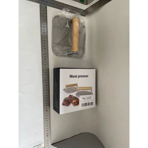 50 - 100 LEI - Presa Manuala pentru Carne, Flippy, din Aliaj de Aluminiu, Maner din Lemn, Presa pentru Burgeri, Usor de Curatat si Folosit, Patrata, 16x16x6 cm, Gri