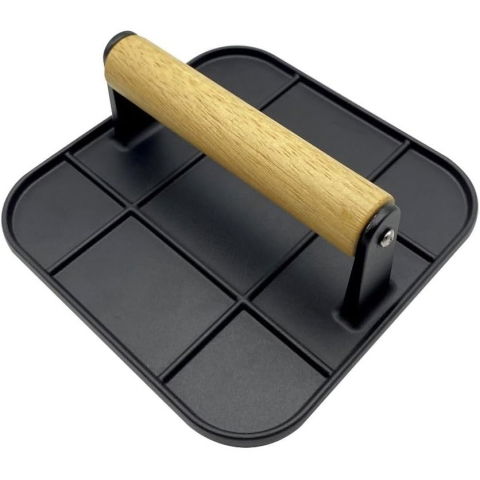 Ustensile pentru Bucătărie - Presa Manuala pentru Carne, Flippy, din Aliaj de Aluminiu, Maner din Lemn, Presa pentru Burgeri, Usor de Curatat si Folosit, Patrata, 16x16x6 cm, Neagra