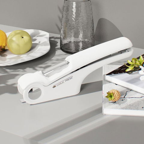 Ustensile pentru Bucătărie - Presa Multifunctionala pentru Usturoi 4in1, Flippy, Presa, Feliator, Desfacator de Borcane, Curatator Fructe/Legume, 22 x 8.8 cm, Alb