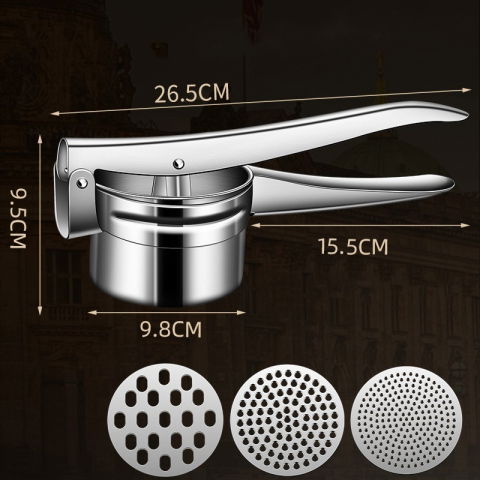 Ustensile pentru Bucătărie - Presa Storcator pentru Fructe si Legume, Flippy, Zdrobitor Manual, Inox, 3 Discuri Interschimbabile, Usor de Stors si de Curatat, Ergonomic, 26.5 x 9.8 x 9.5 cm Argintiu