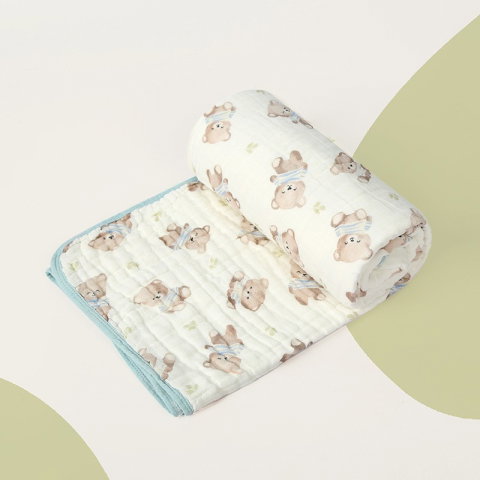 TeoMarket - Prosop de baie din bumbac si tifon pentru Bebelusi, Flippy, cu Sase Straturi, pentru Copii, 110x110 cm, Model Ursuleti, Bej Albastru