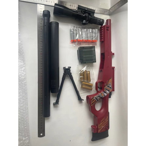 Jucarii si Jocuri - Pusca de Jucarie AWM Ultrarealista, Flippy, Manuala, cu Luneta, 10 de Proiectile din Spuma Moale, 5 Cartuse, 106 cm, 14 ani+, Rosu