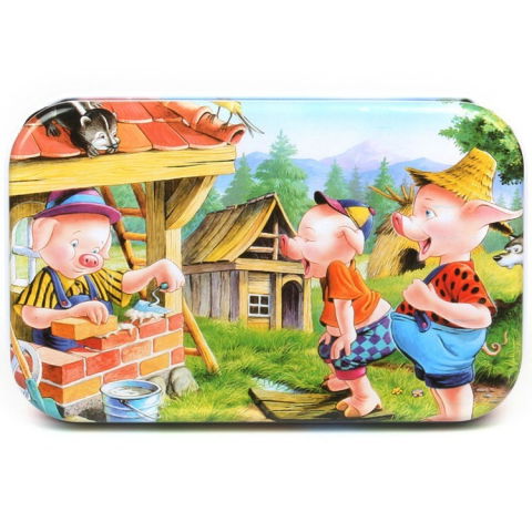 Jucarii educative - Puzzle 60 de Piese din Lemn in Cutie Metalica, Flippy, Model Cei Trei Purcelusi, Educativ, Dezvoltare Abilitati Cognitive, pentru Prescolari, 22.5x13.5 cm, Multicolor