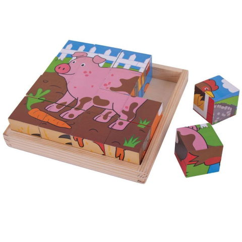 Puzzle din lemn - Puzzle cubic - Animalute de la ferma