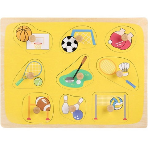 TeoMarket - Puzzle Montessori din Lemn pentru Copii, Flippy, 0-3 Ani, 3D, Model Sporturi, Educativ, Intuitiv, Creativ, 9 Piese, 30x22.5x0.8 cm, Multicolor