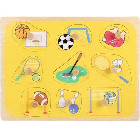 Jucarii educative - Puzzle Montessori din Lemn pentru Copii, Flippy, 0-3 Ani, 3D, Model Sporturi, Educativ, Intuitiv, Creativ, 9 Piese, 30x22.5x0.8 cm, Multicolor