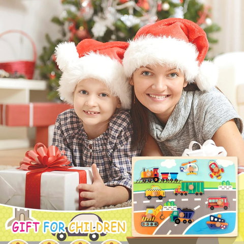 TeoMarket - Puzzle Montessori din Lemn pentru Copii, Flippy, 0-3 Ani, 3D, Model Transporturi, Educativ, Intuitiv, Creativ, 9 Piese, 30x22.5x0.8 cm, Multicolor