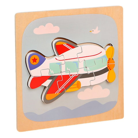 TeoMarket - Puzzle Montessori din Lemn pentru Copii, Flippy, 3D, 0-3 Ani, Model Avion, Educativ, Intuitiv, Creativ, 6 Piese, 15x15x0.5 cm, Multicolor