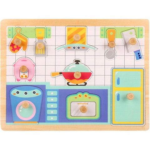 TeoMarket - Puzzle Montessori din Lemn pentru Copii, Flippy, 3D, 0-3 Ani, Model Bucatarie, Educativ, Intuitiv, Creativ, 10 Piese, 30x22.5x0.8 cm, Multicolor