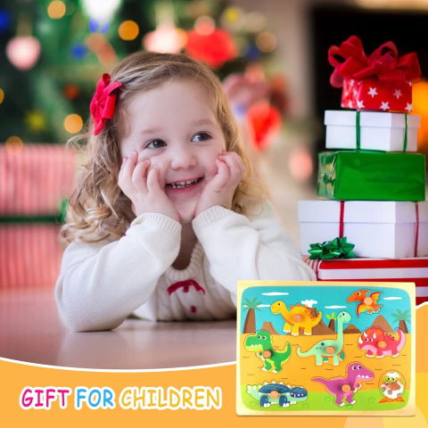 Jucarii educative - Puzzle Montessori din Lemn pentru Copii, Flippy, 3D, 0-3 Ani, Model Dinozauri, Educativ, Intuitiv, Creativ, 8 Piese, 30x22.5x0.8 cm, Multicolor