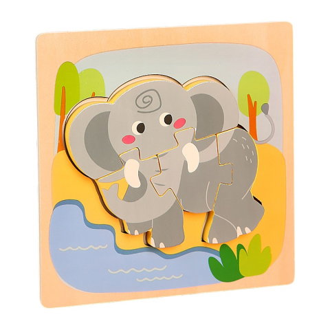 TeoMarket - Puzzle Montessori din Lemn pentru Copii, Flippy, 3D, 0-3 Ani, Model Elefant, Educativ, Intuitiv, Creativ, 4 Piese, 15x15x0.5 cm, Multicolor