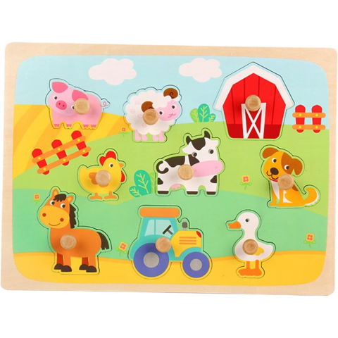 Jucarii educative - Puzzle Montessori din Lemn pentru Copii, Flippy, 3D, 0-3 Ani, Model Ferma, Educativ, Intuitiv, Creativ, 9 Piese, 30x22.5x0.8 cm, Multicolor