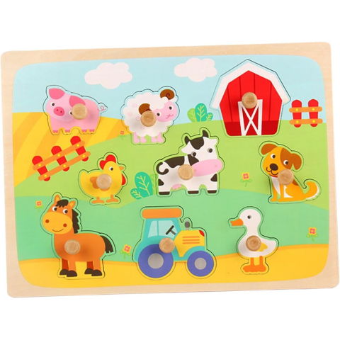Jucarii educative - Puzzle Montessori din Lemn pentru Copii, Flippy, 3D, 0-3 Ani, Model Ferma, Educativ, Intuitiv, Creativ, 9 Piese, 30x22.5x0.8 cm, Multicolor