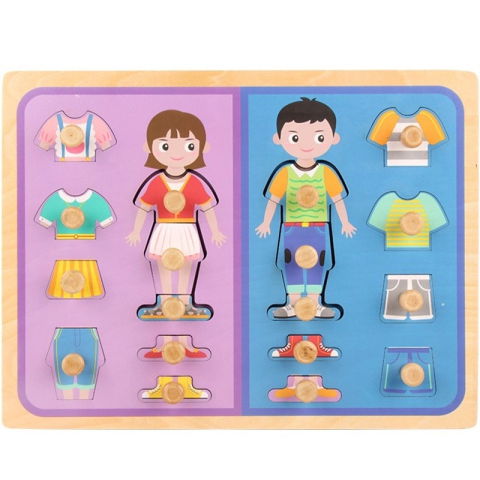 Jucarii educative - Puzzle Montessori din Lemn pentru Copii, Flippy, 3D, 0-3 Ani, Model Imbracaminte, Educativ, Intuitiv, Creativ, 18 Piese, Multicolor
