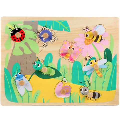 Jucarii educative - Puzzle Montessori din Lemn pentru Copii, Flippy, 3D, 0-3 Ani, Model Insecte, Educativ, Intuitiv, Creativ, 9 Piese, 30x22.5x0.8 cm, Multicolor