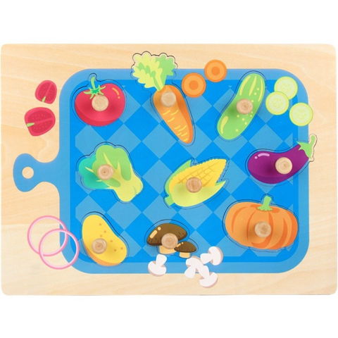 Jucarii educative - Puzzle Montessori din Lemn pentru Copii, Flippy, 3D, 0-3 Ani, Model Legume, Educativ, Intuitiv, Creativ, 9 Piese, 30x22.5x0.8 cm, Multicolor