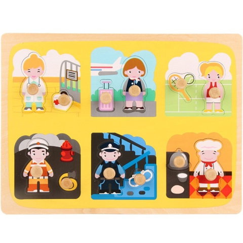 TeoMarket - Puzzle Montessori din Lemn pentru Copii, Flippy, 3D, 0-3 Ani, Model Profesii, Educativ, Intuitiv, Creativ, 6 Piese, Multicolor