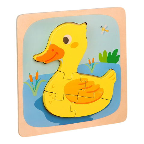 Jucarii educative - Puzzle Montessori din Lemn pentru Copii, Flippy, 3D, 0-3 Ani, Model Ratusca, Educativ, Intuitiv, Creativ, 5 Piese, 15x15x0.5 cm, Multicolor