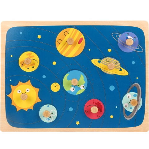 Jucarii educative - Puzzle Montessori din Lemn pentru Copii, Flippy, 3D, 0-3 Ani, Model Sistemul Solar, Educativ, Intuitiv, Creativ, 9 Piese, 30x22.5x0.8 cm, Multicolor