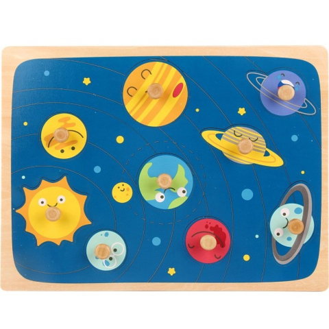 TeoMarket - Puzzle Montessori din Lemn pentru Copii, Flippy, 3D, 0-3 Ani, Model Sistemul Solar, Educativ, Intuitiv, Creativ, 9 Piese, 30x22.5x0.8 cm, Multicolor