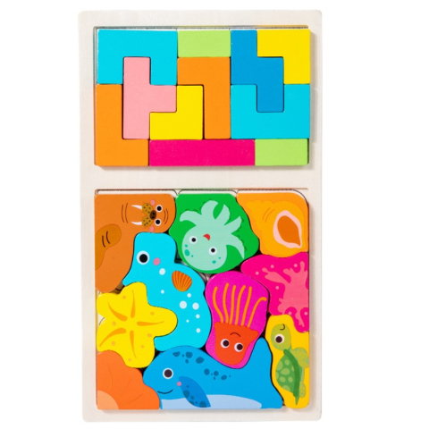 TeoMarket - Puzzle Montessori din Lemn pentru Copii, Flippy, Tip Tetris 2in1 +3 Ani, cu Animale Marine Colorate 3D, Educativ, Intuitiv, Creativ, 21 de Piese, 28.5x17x1.2 cm, Multicolor