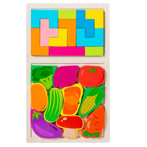 TeoMarket - Puzzle Montessori din Lemn pentru Copii, Flippy, Tip Tetris 2in1 +3 Ani, cu Legume Colorate 3D, Educativ, Intuitiv, Creativ, 21 de Piese, 28.5x17x1.2 cm, Multicolor