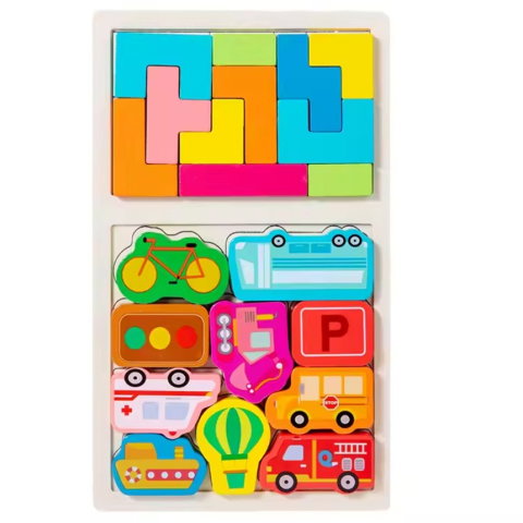 TeoMarket - Puzzle Montessori din Lemn pentru Copii, Flippy, Tip Tetris 2in1, +3 Ani, cu Masini Colorate 3D, Educativ, Intuitiv, Creativ, 21 de Piese, 28.5x17x1.2 cm, Multicolor