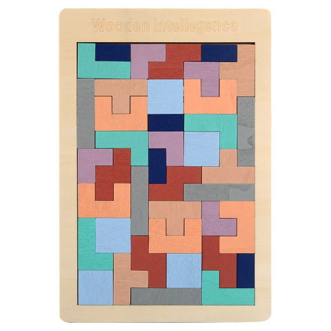 Import - Puzzle Montessori, Flippy, din Lemn, Tip Tetris, +36 Luni, Forme Neregulate, 40 Piese, 26.5 x 17.7 cm, Multicolor Pastelat