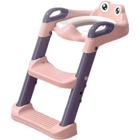 TeoMarket - Reductor si Scaunel Inaltator WC, Flippy, pentru Copii 1 - 7 Ani, 2 Trepte Reglabile, Pliabil, Colac Moale, cu Spatar si Manere, Inaltime 54/58 cm x 39.5 x 35 cm, din Plastic+PVC, Roz/Mov