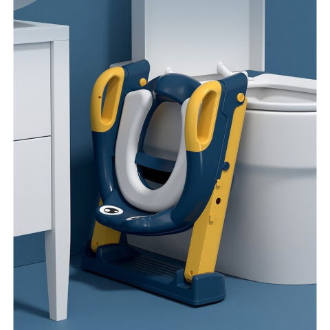 Articole pentru baie - Reductor si Scaunel Inaltator WC, Flippy, pentru Copii 1 - 7 Ani, 2 Trepte Reglabile, Pliabil, Colac Moale, cu Spatar si Manere, Inaltime 54/58 cm x 39.5 x 35 cm, din Plastic+PVC, Albastru/Portocaliu