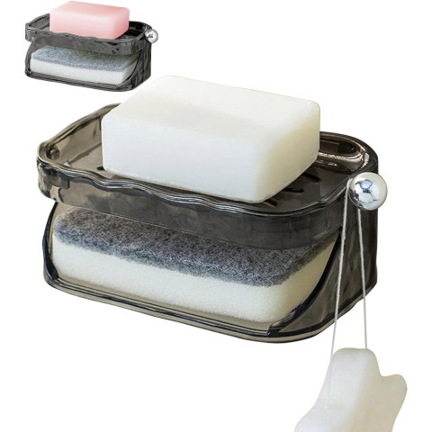 Import - Savoniera Dubla, Flippy, 2 Straturi, Instalare fara Perforare, Agatatoare Burete, 13.5 x 8.5 x 6 cm, Gri