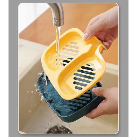 Articole pentru baie - Savoniera Dubla, Flippy, Sistem de Scurgere a Apei, din ABS, 14.5 x 18 x 3 cm, Albastru/Galben