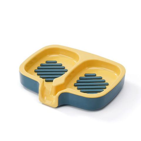 Articole pentru baie - Savoniera Dubla, Flippy, Sistem de Scurgere a Apei, din ABS, 14.5 x 18 x 3 cm, Albastru/Galben