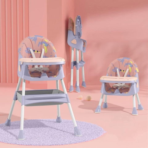 TeoMarket - Scaun de Masa 2in1, Flippy, pentru Copii de la 6 luni - 5 Ani, Inaltime Reglabila, Centura in 5 Puncte, Tava de Masa, Roti cu Frana, Cos Depozitare, Jucarie Inclusa, 94 x 78 x 60 cm, Roz/Mov