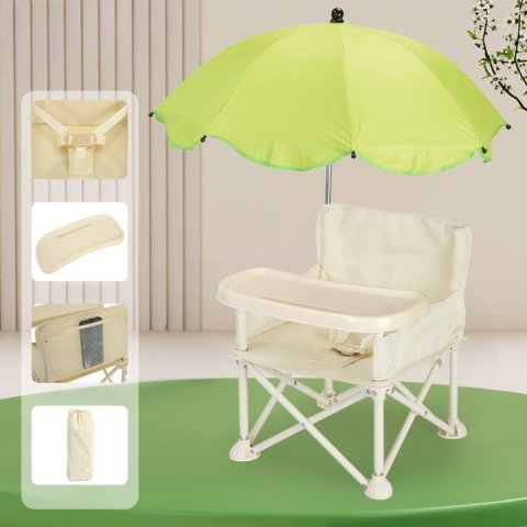 TeoMarket - Scaun de Masa pentru Bebelusi si Copii, Flippy, Tavita si Husa Detasabile, Multifuncțional, Stabil, Centura de Siguranta, Cos de Depozitare, Bej, cu Umbrela Verde, de la 6 Luni