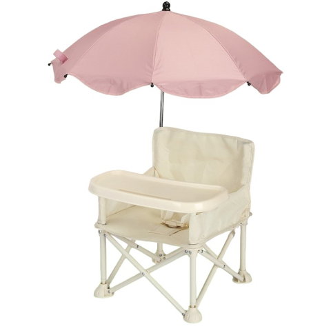 TeoMarket - Scaun de Masa pentru Bebelusi si Copii, Flippy, Tavita si Husa Detasabile, Multifuncțional, Stabil, Centura de Siguranta, Cos de Depozitare, Bej, cu Umbrela Roz, de la 6 Luni