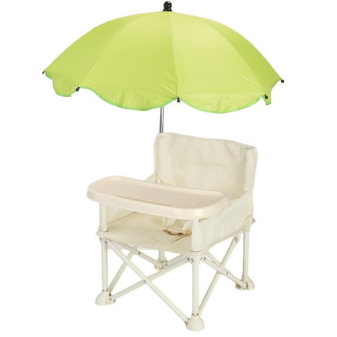 TeoMarket - Scaun de Masa pentru Bebelusi si Copii, Flippy, Tavita si Husa Detasabile, Multifuncțional, Stabil, Centura de Siguranta, Cos de Depozitare, Bej, cu Umbrela Verde, de la 6 Luni