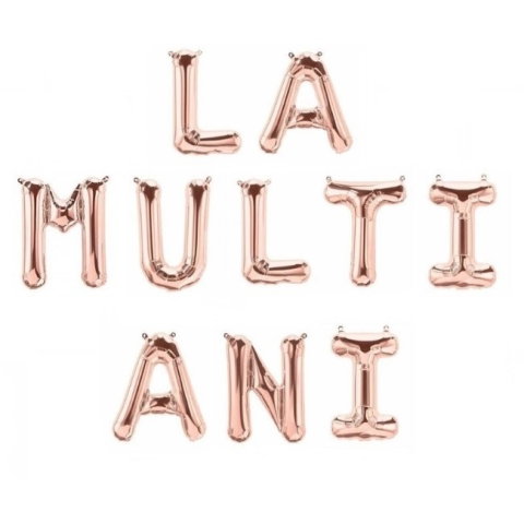 Import - Set 10 Baloane din Folie Metalizata, Flippy, Figurine Litere, Model La multi ani, Tema Aniversare, 40 cm, Ambalaj Individual, Pai Inclus, Umflare cu Aer sau Heliu, Bej