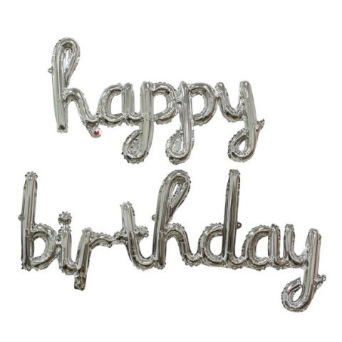 Import - Set 10 Baloane din Folie Metalizata, Flippy, Figurine Litere, Model Scris de Mana Happy Birthday, Tema Aniversare, 40 cm, Ambalaj Individual, Pai Inclus, Umflare cu Aer sau Heliu, Argintiu