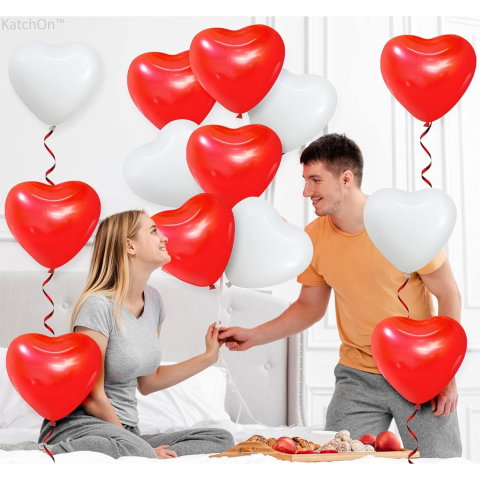 Best deals - Set 10 Baloane, Flippy, Model Inima, din Latex, 25 cm, Alb/Rosu